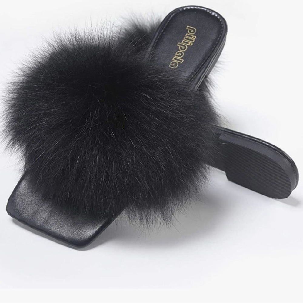 Black Fuzzy Square Toe Sandals
